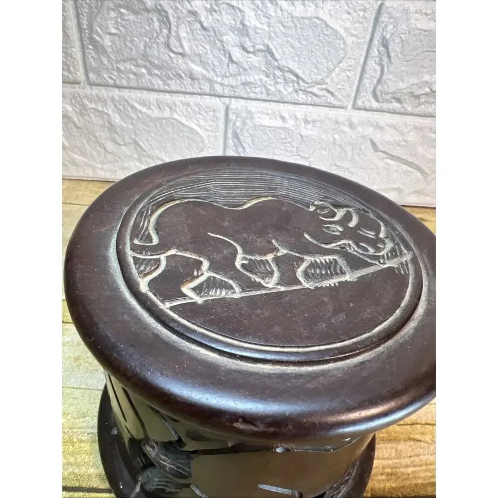 Hand Carved Wooden Africa 6 Coaster Set with Holder & Lid Beautiful Boho 4x5”